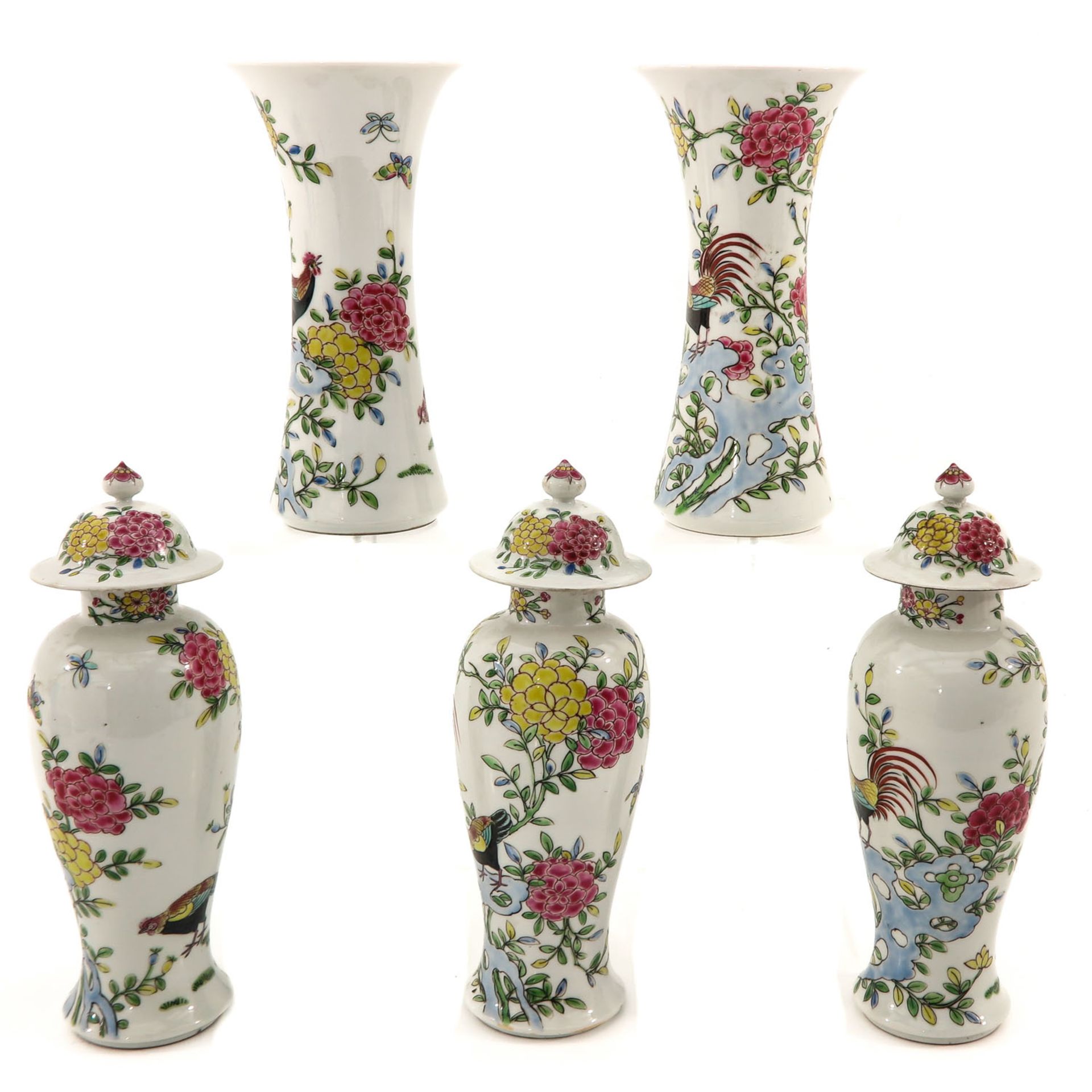 A 5 Piece Famille Rose Garniture Set - Image 2 of 9