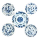 A Collection of 5 Blue and White Plates