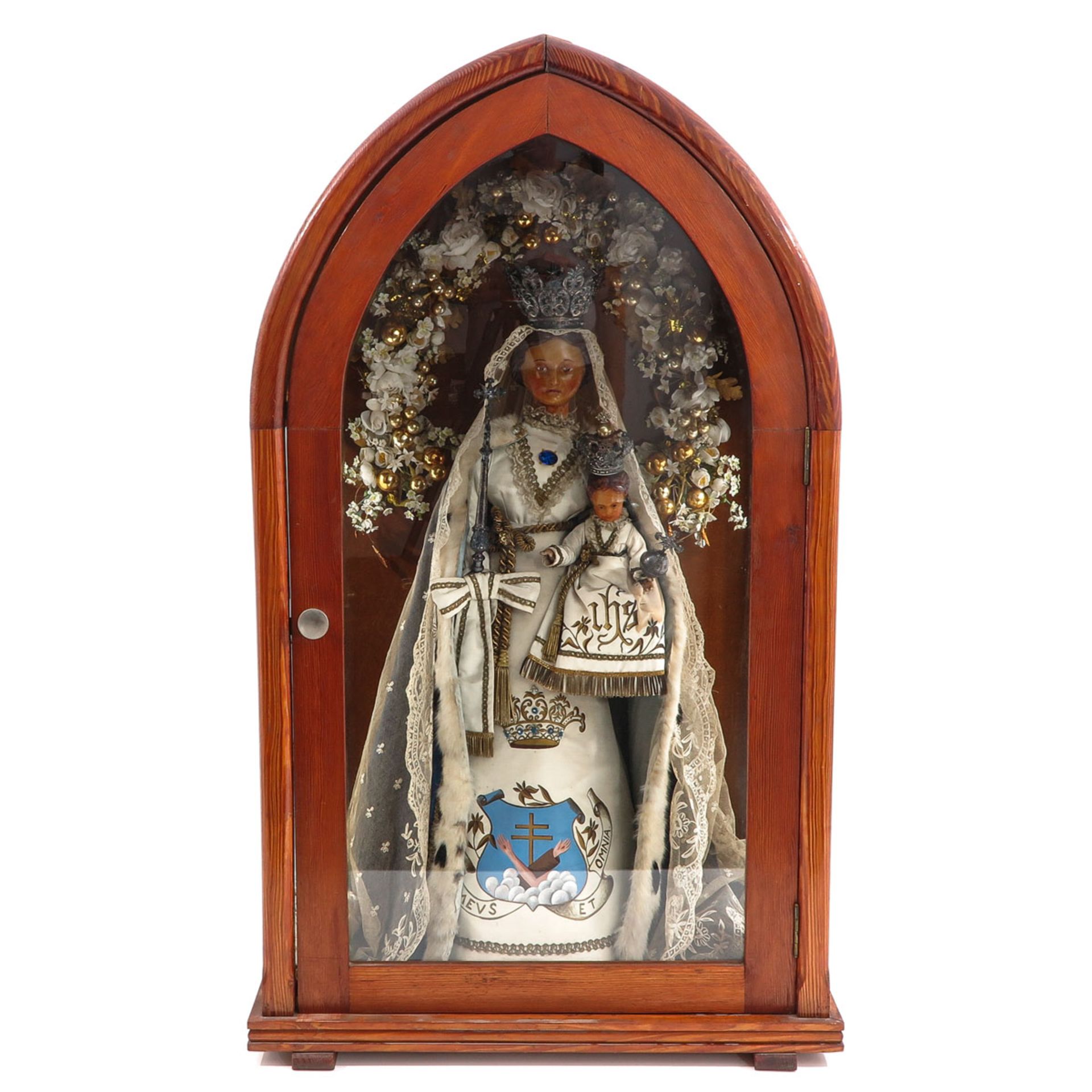 A Large Religious Vitrine of Madonna & Child with Silver Accessories