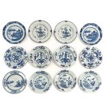 A Collection of 12 Blue and White Plates