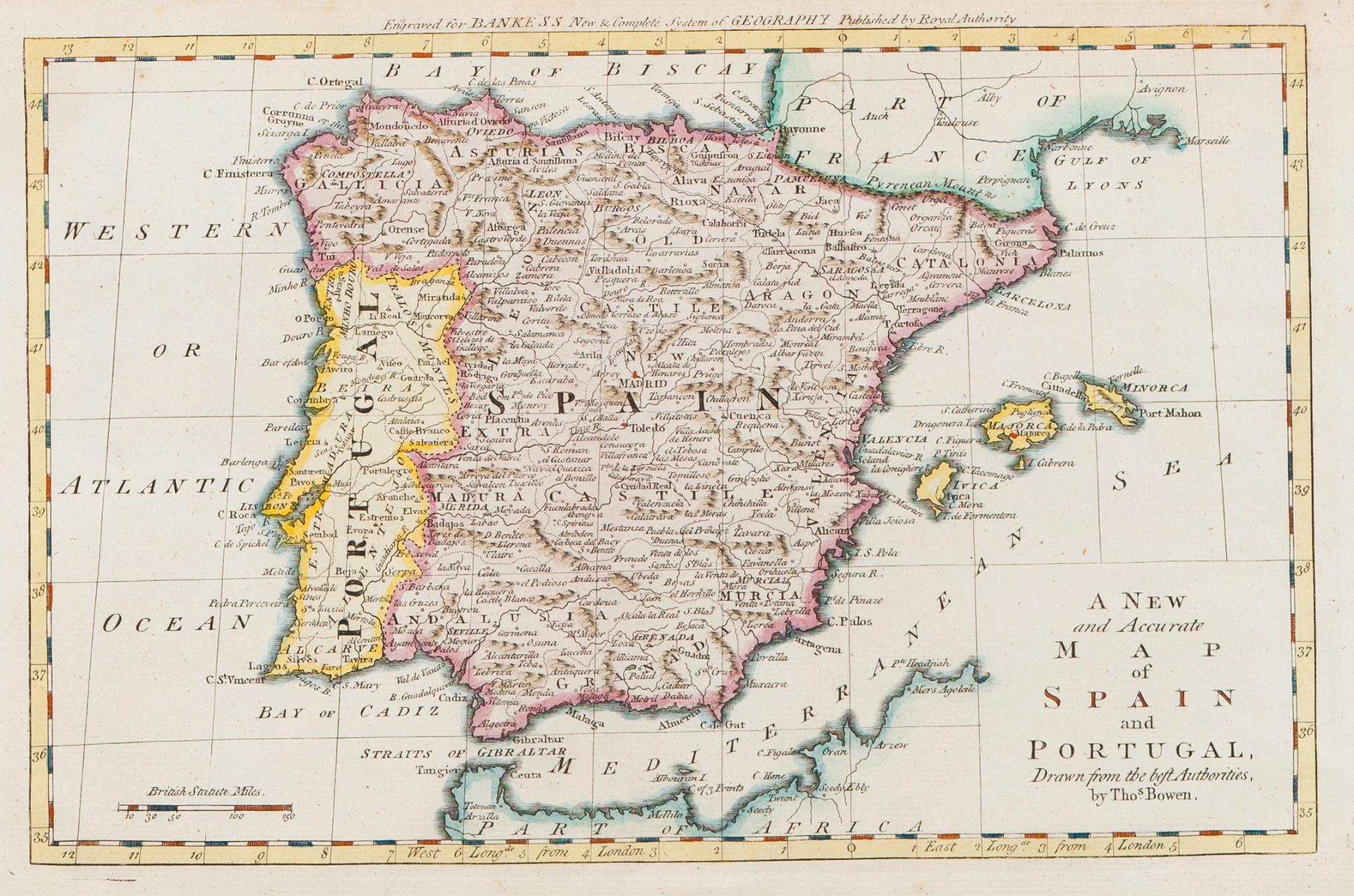 Michelot Bremond Bowen (XVIII) "A New and Accurate Map of Spain and Portugal, Drawn from the Best Au