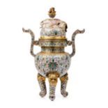 A large cloisonné incense burner with cover