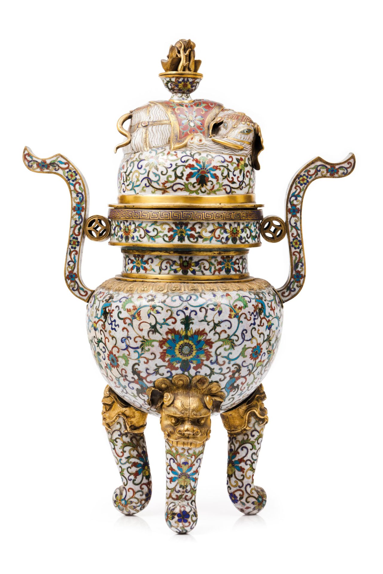 A large cloisonné incense burner with cover