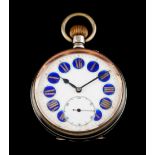 A large pocket watchSilvered metal White enamelled dial of Roman numbering on blue enamel and