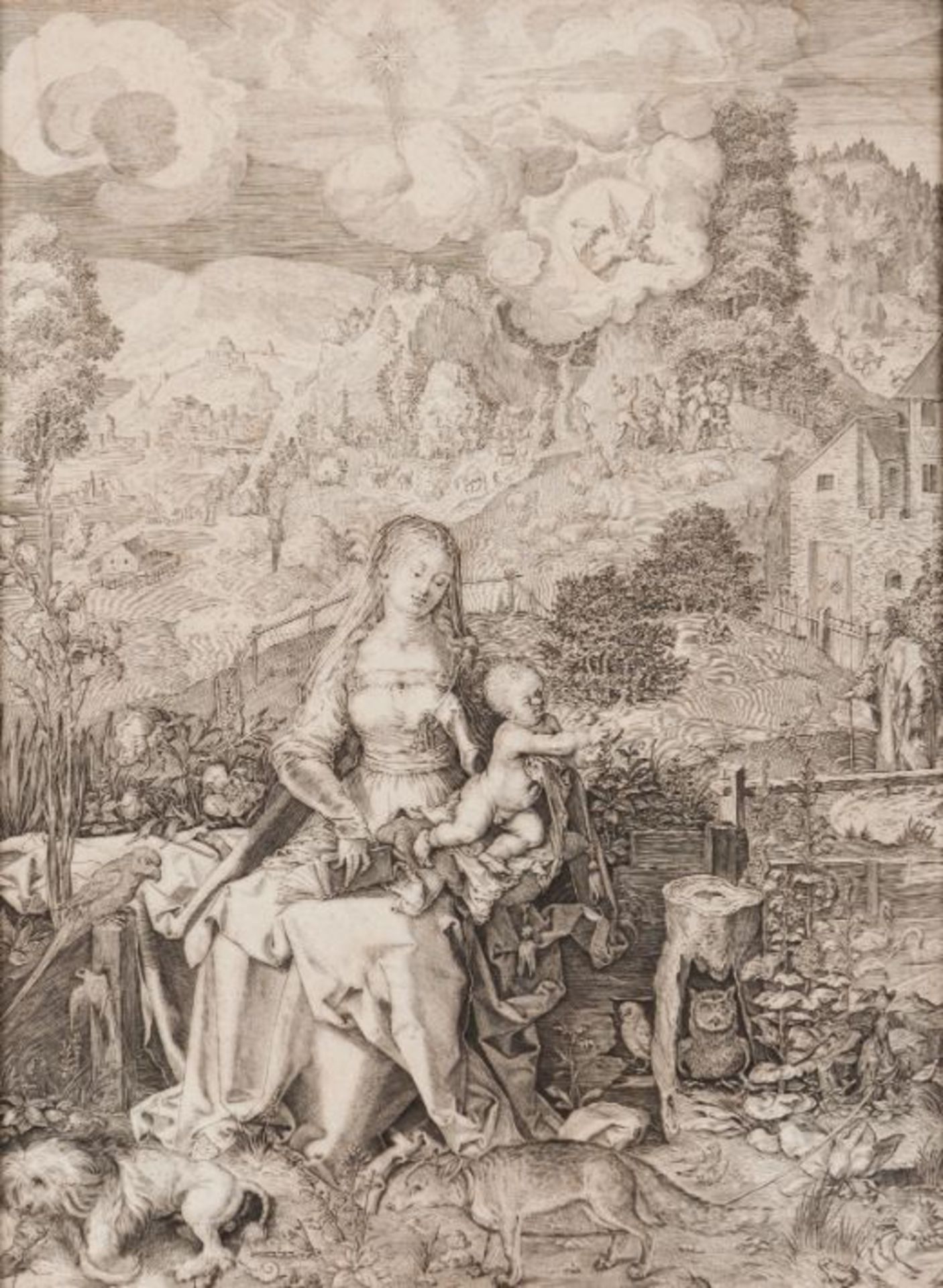 The Virgin Mary with The Child Jesus and landscapeBlack print on paper After drawing by Albrecht