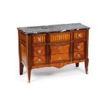 A Louis XVI style commodeMahogany, rosewood and other timbers Marquetry decoration Three short and