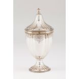 A D.Maria I style sugar bowlPortuguese silver Gadrooned urn shaped body of chiselled foliage and