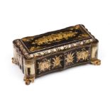 A games boxBrown japanned wood Gilt decoration with floral motifs and cartouches of landscapes