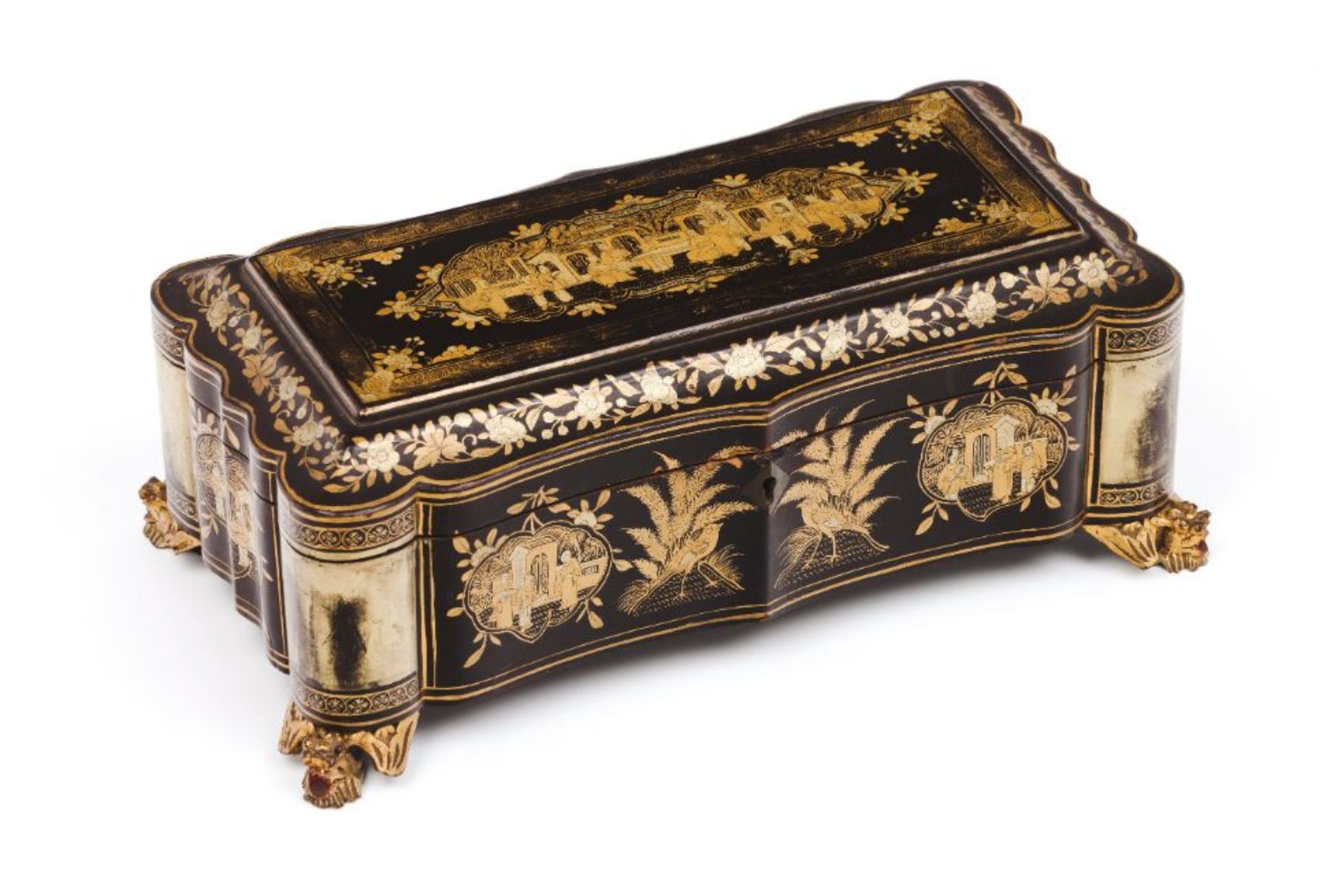 A games boxBrown japanned wood Gilt decoration with floral motifs and cartouches of landscapes