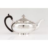 A teapotEnglish silver, 1st -half 19th century Spherical body of horizontal grooves Fluted cover