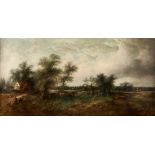 European school, 19th centuryOil on canvas Landscape with buildings, animals and figures (