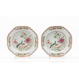 Two octagonal deep platesChinese export porcelain Polychrome "Famille Rose" enamelled decoration