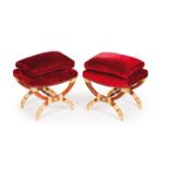 A pair of Empire style stoolsCarved, painted and gilt wood Swan neck feet Bordeaux velvet upholstery
