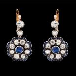 A pair of drop earringsGold, 19th / 20th century Stylised flower pendant framed by carré cut
