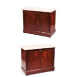 A pair of side cupboardsBurr mahogany veneered oak One drawer and two doors Marble top Stamped