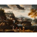 Flemish school, 17th centuryLandscape with figures and cattle Oil on board29,5x39 cm