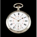 An Omega pocket watchSilvered metal White enamelled dial of Roman numbering and red coloured hour