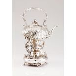 A tea kettle with stand and burnerPortuguese silver, 19th century Pumpkin shaped body of profuse