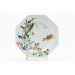 An octagonal plateExport porcelain Polychrome decoration of foliage motifs and animals China,