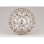 A large suspension salverPortuguese silver Profuse repousse and chiselled decoration with flowers,