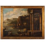 Italian school, 19th centuryLandscape with ruins, mountains, fishermen and figures (restoration)