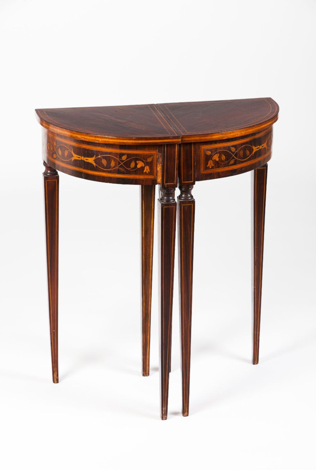 A pair of D.José style corner tablesSolid and veneered rosewood and other timbers Inlaid foliage