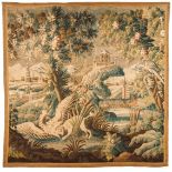 An Aubusson tapestryPolychromed wool Depicting Oriental landscape with pagoda, boats, trees and