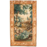 An Aubusson tapestryPolychrome wool threads Landscape with chicken and crane Floral and shell motifs