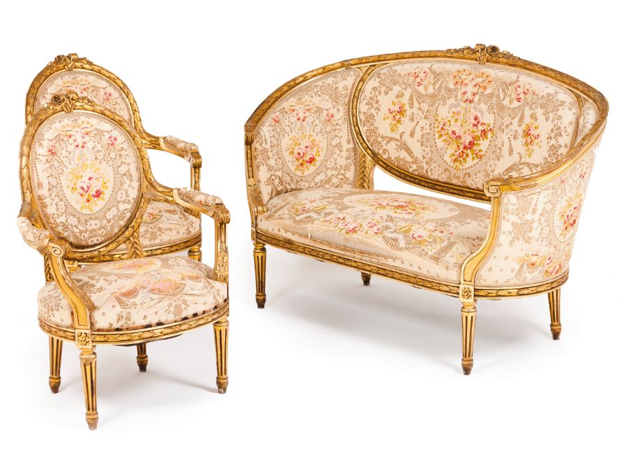 A salon setSettee, two fauteuils, four chairs and side table Carved and gilt wood with tapestry - Image 2 of 2