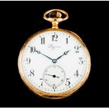 A Longines pocket watchGold White enamelled dial, Arabic numbering and seconds wheel Reverse