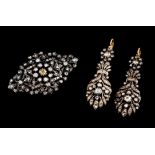 A pair of Romantic era drop earrings and broochSilver and gold Pierced decoration of stylised