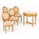 A salon setSettee, two fauteuils, four chairs and side table Carved and gilt wood with tapestry