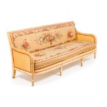A four seat setteeCarved, painted and gilt wood Beauvais tapestry upholstered back and seat