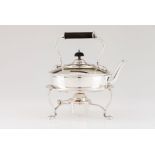 A tea kettle with stand and burnerEnglish silverplate Plain body and stand of slipper feet