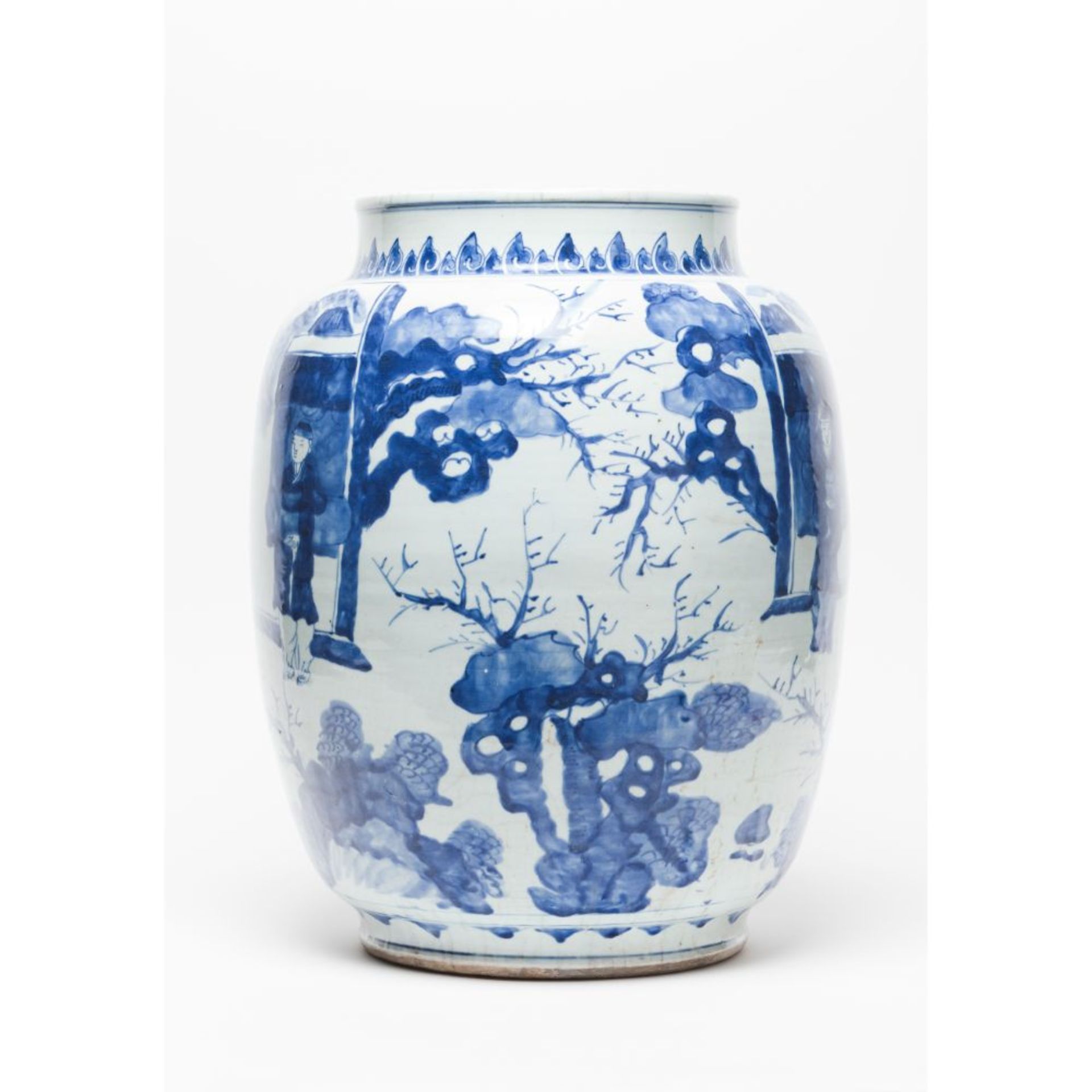 A large blue and white ovoid jar