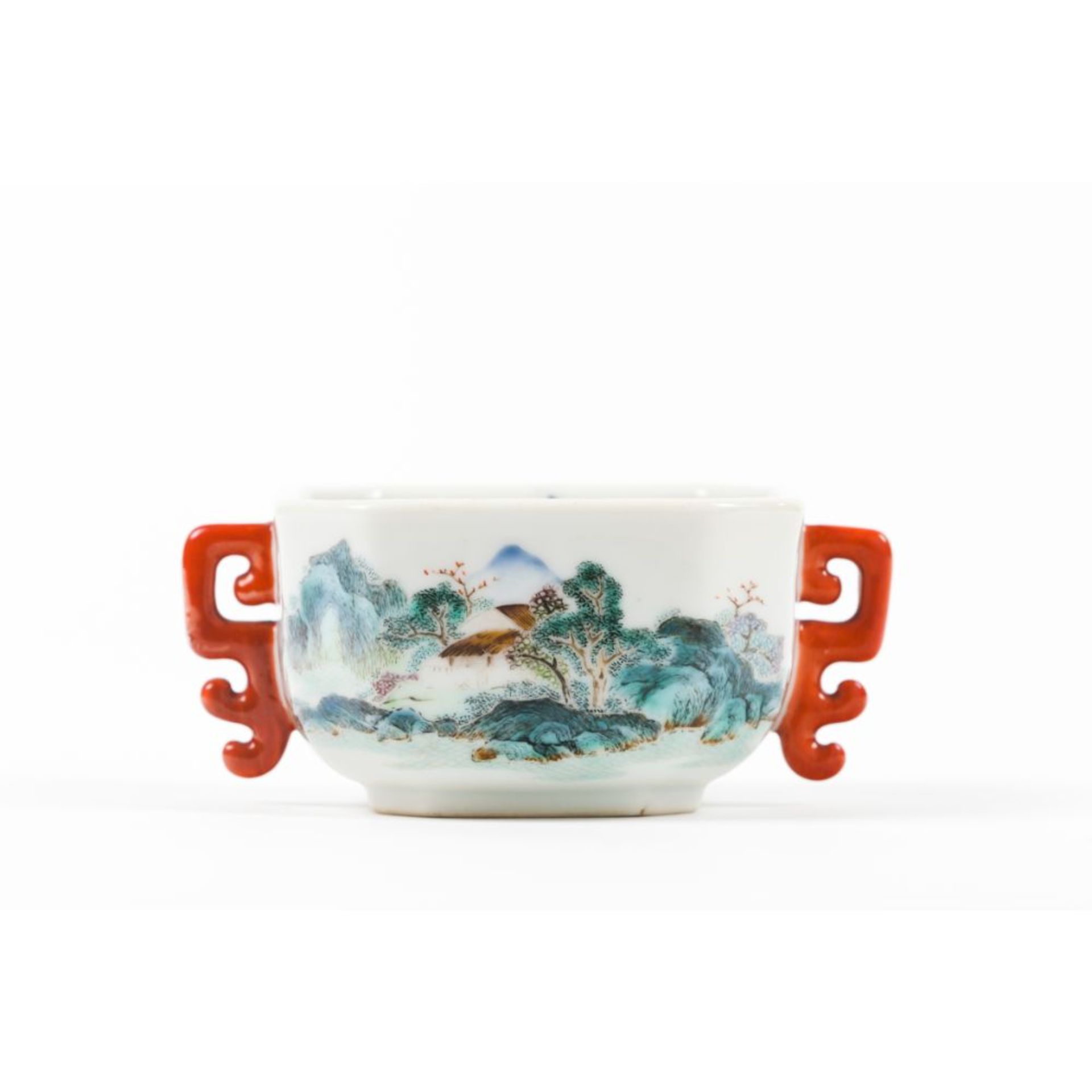 A rare Famille-Rose 'Landscape' cup and cover