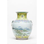 A Famille Rose yellow-ground 'Landscape' 'Hu' vase