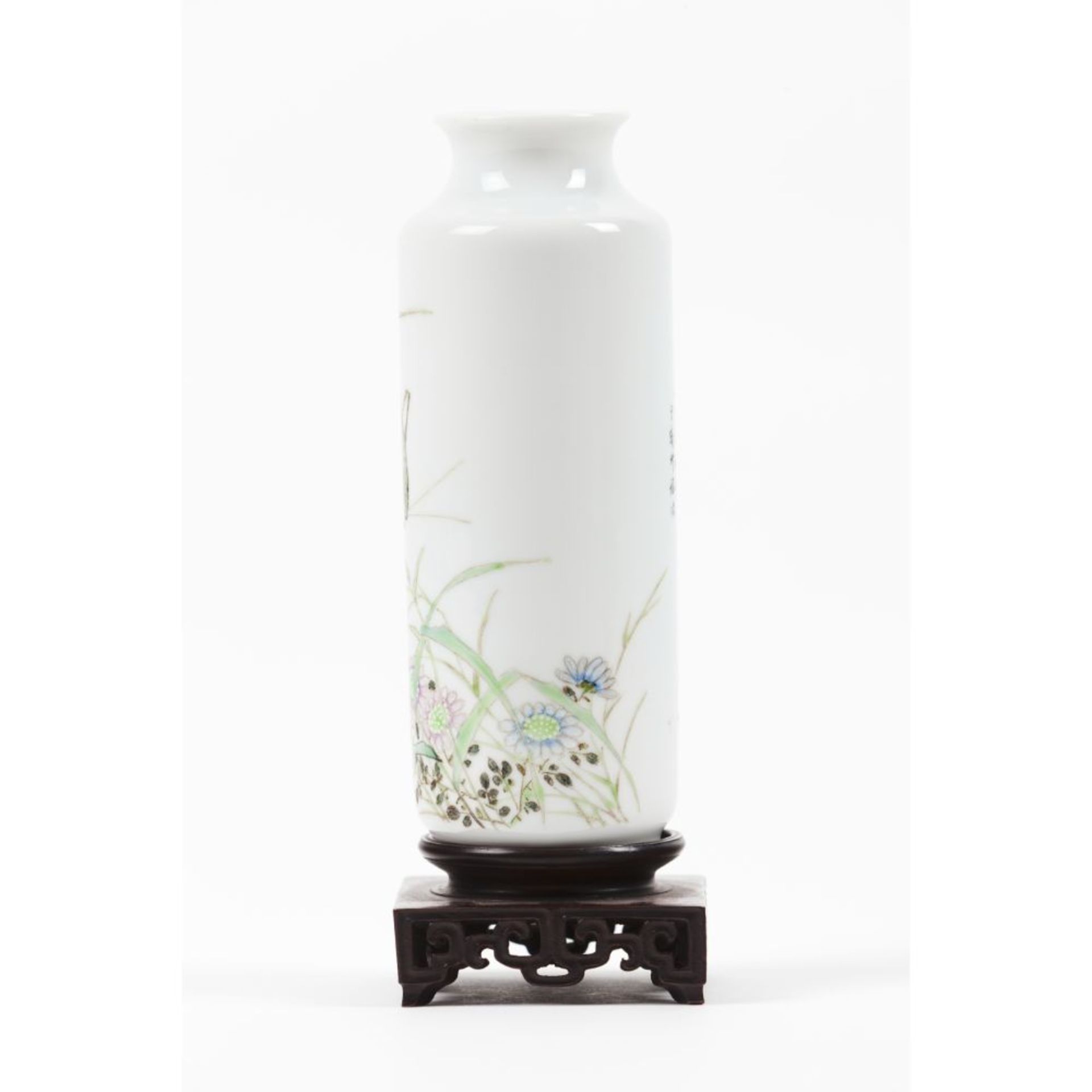 A Famille Rose 'locust and flowers' cylindrical vase