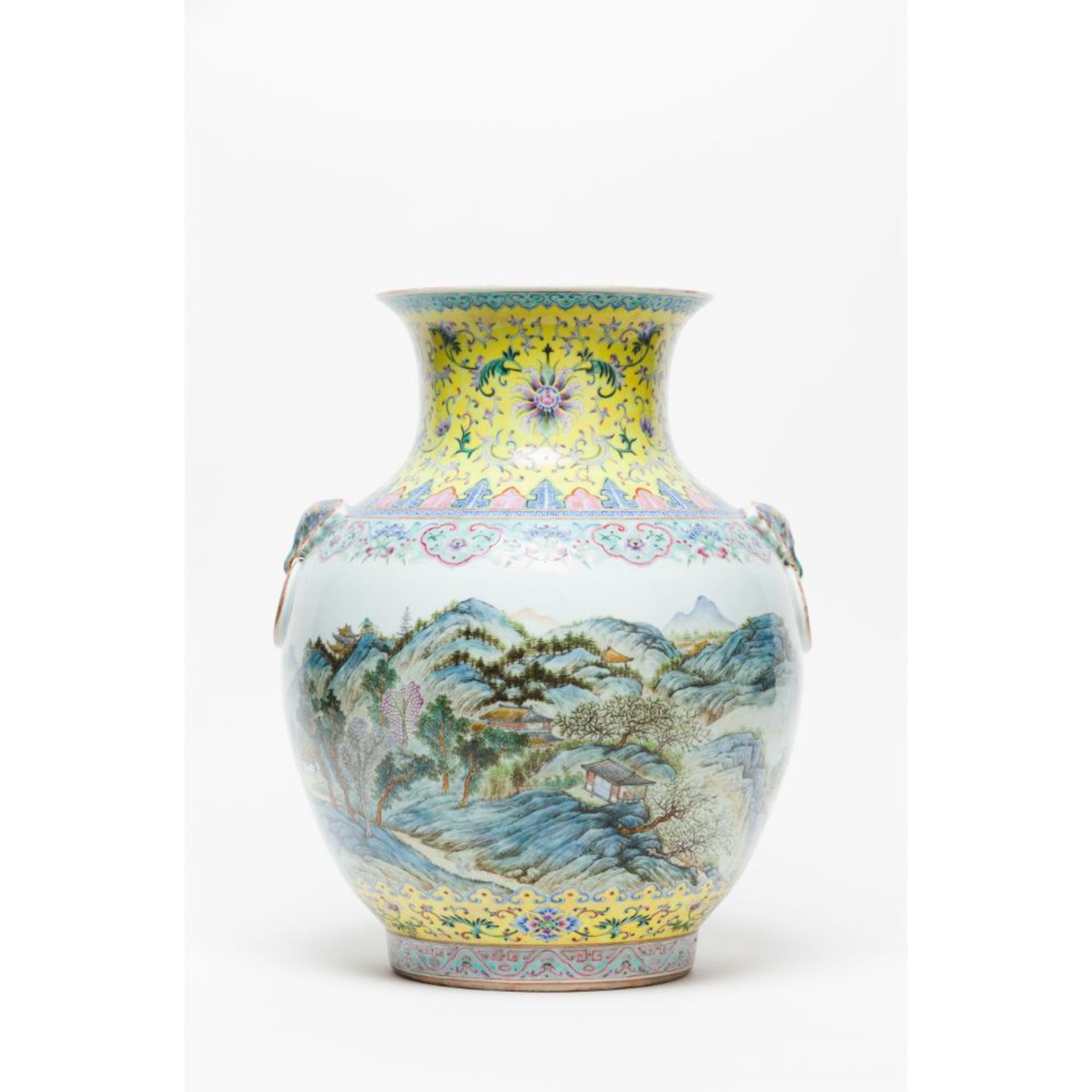 A Famille Rose yellow-ground 'Landscape' 'Hu' vase - Image 2 of 3