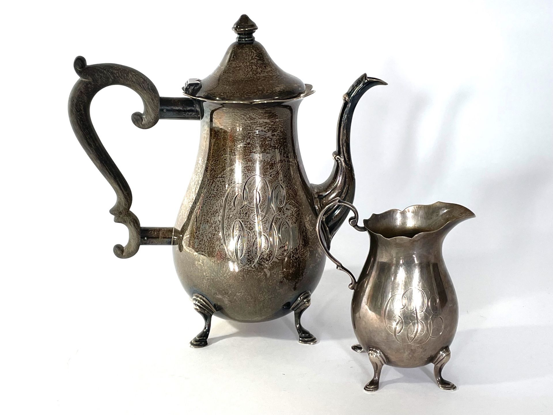 925 silver coffee pot with wooden handle and cream jug
