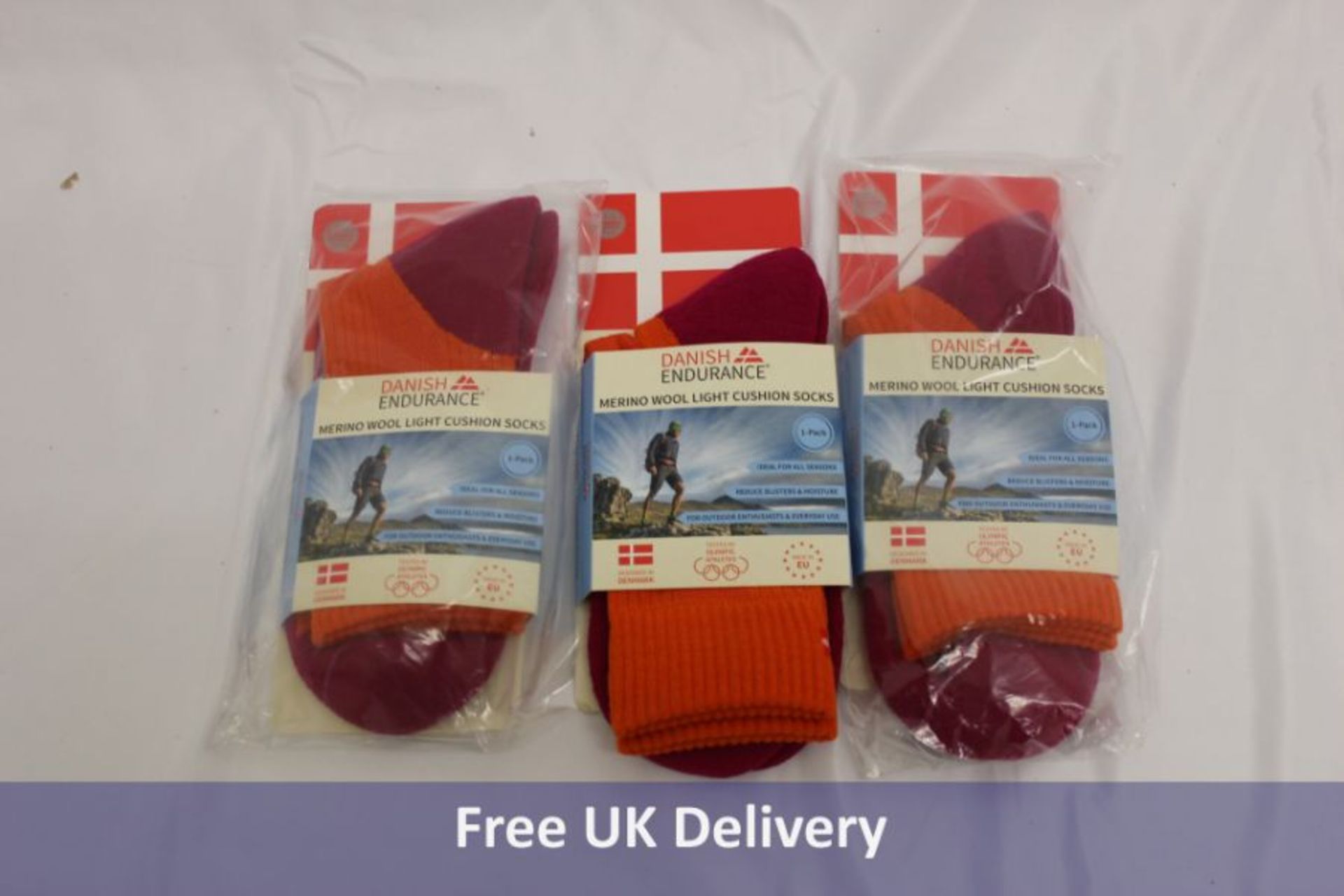 Twenty Five Pairs of Danish Endurance Light Outdoor Walking Socks in Merino Wool, Orange/Fuschia, Si