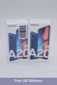 Two Samsung A20e Android Mobile Phones, Blue, 5.8", 3GB/32GB, Dual Sim, SM-A202F/DS. Brand new, seal