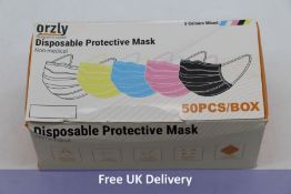 Fifty packs of Orzly Disposable Face Masks, 50 pieces per pack, Assorted colours