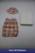 Two Ralph Lauren Plaid Bubble Shortall and Hat Set, Pink, Age 3m