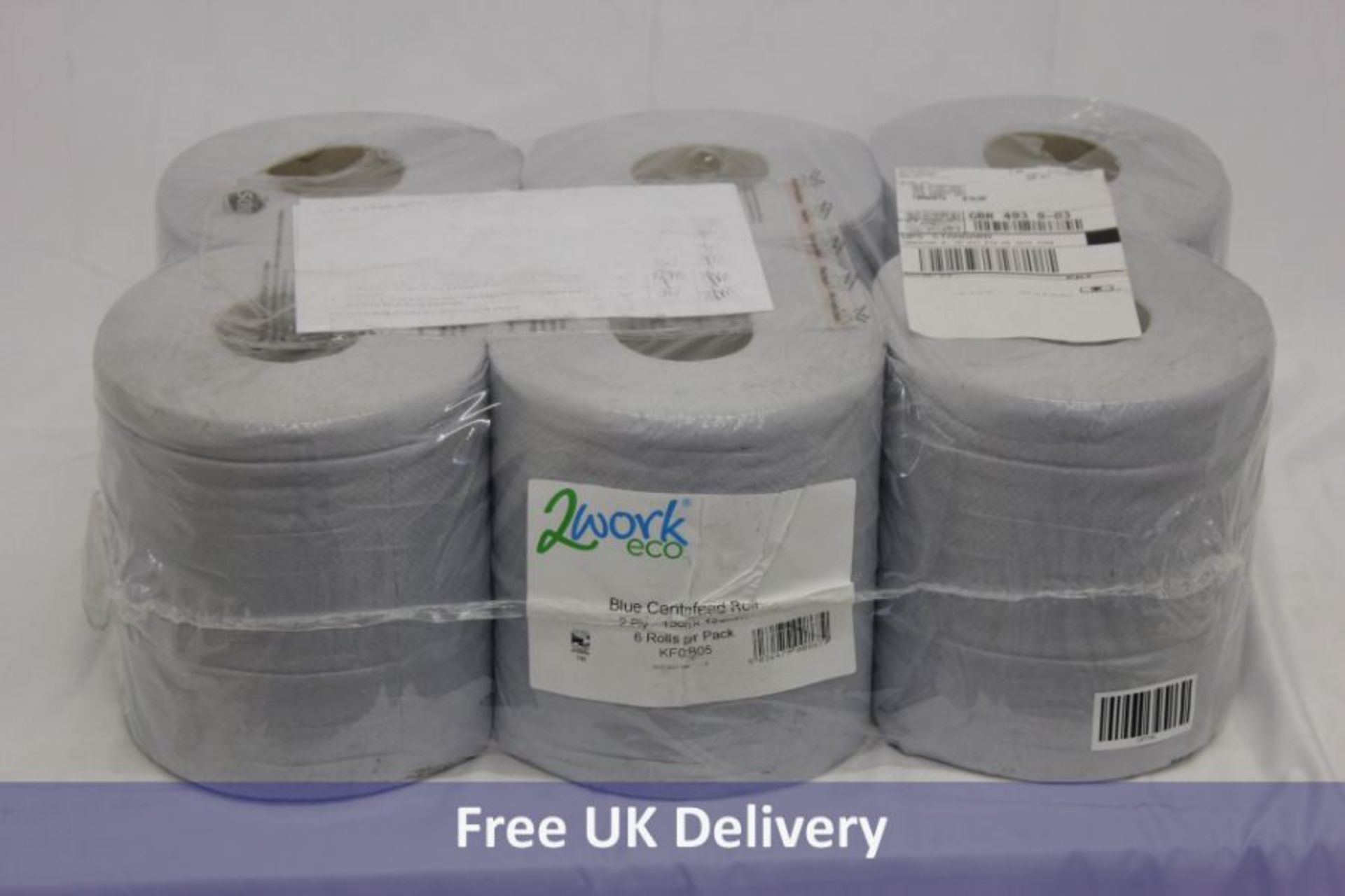 Cleaning items to include 1x Maxima Centre Feed Roll 100% Recycled, Blue, 2 ply, 150 m, Pack of 6, 1