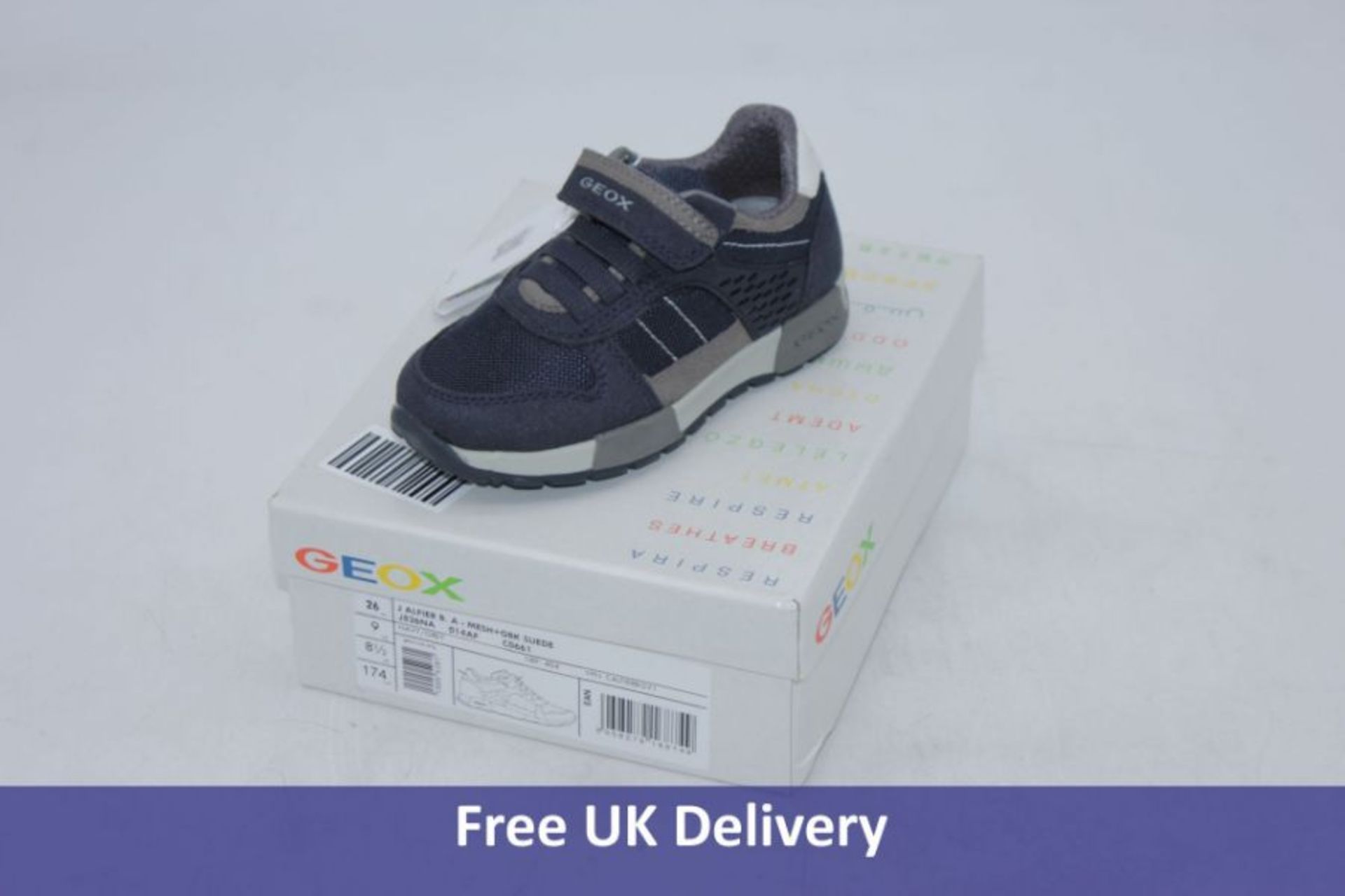 Geox Kids J Alfier Sneaker, Mesh Plus GBK Suede, Navy/Grey, UK 8.5