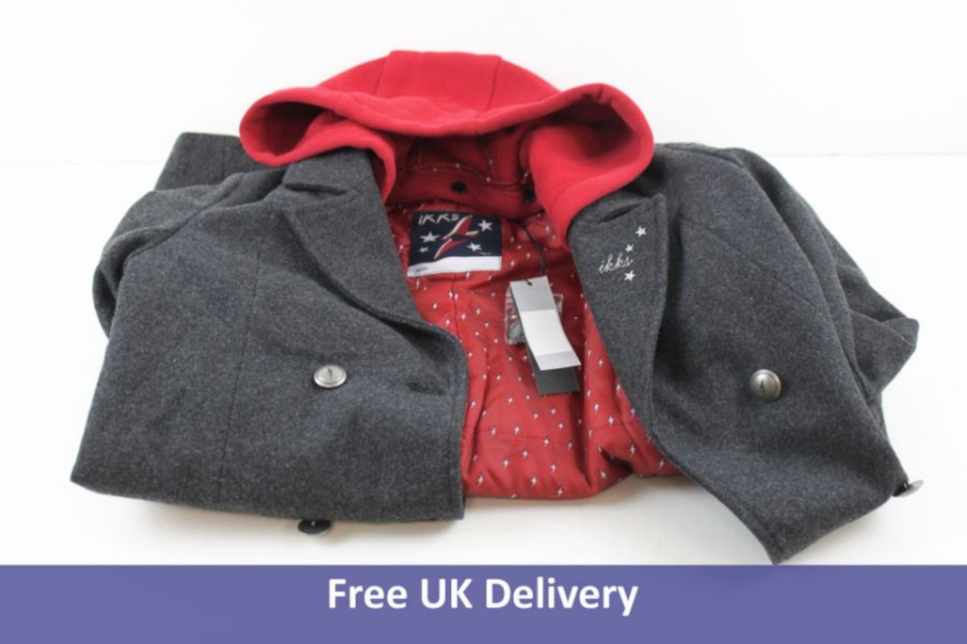 IKKS Children's Coat With Removable Hood, Grey and Red, Size 10-11 Years