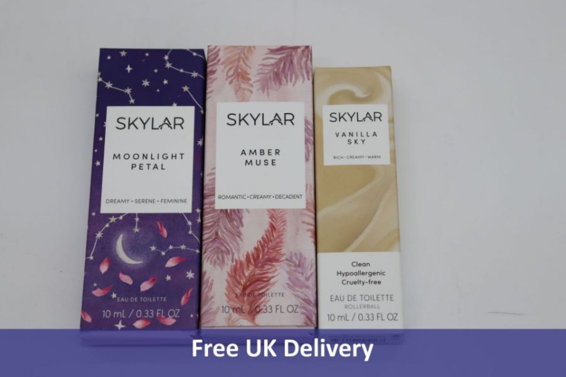 Three Skylar Rollerball Perfumes to include 1x Vanilla Sky, 1x Moonlight Petal, 1x Amber Muse