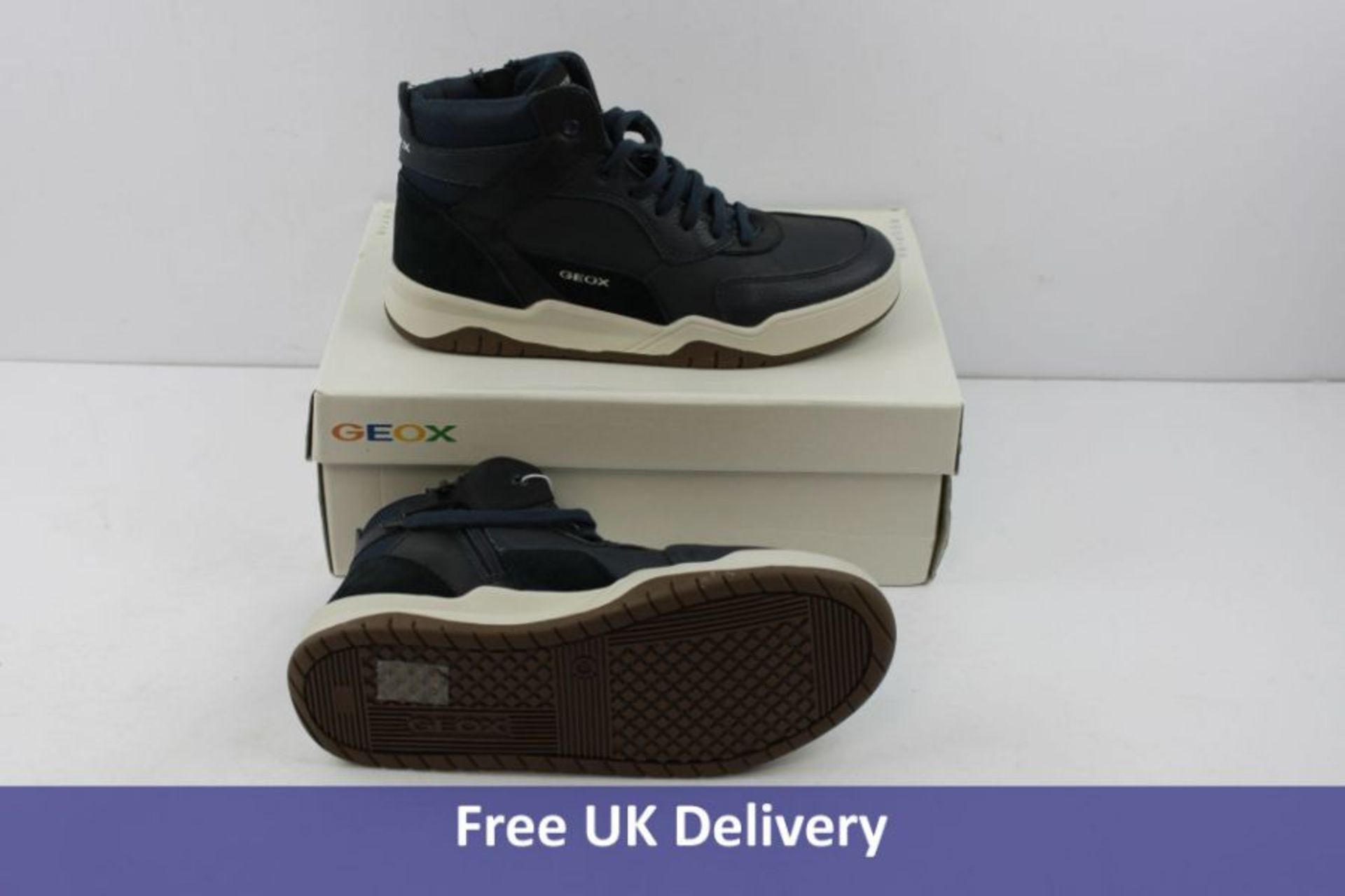 Geox Boy's J Perth B Hi-Top Trainers, Navy and Black, UK 5. Box damaged