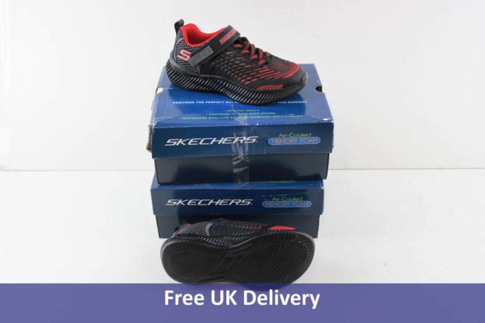 Two Pairs of Skechers Boy's Optic Trainers, Black and Red, to include 1x UK 13, 1x 13.5. Box damaged